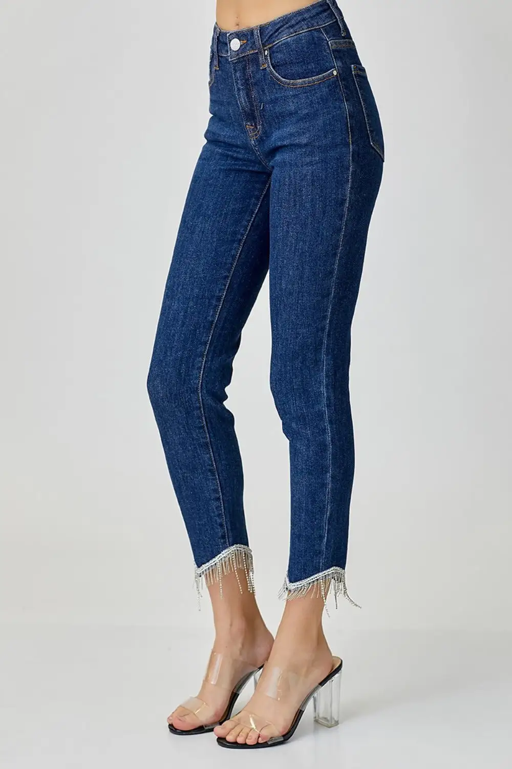 Embellished Mid Rise Crop Skinny Denim Jeans