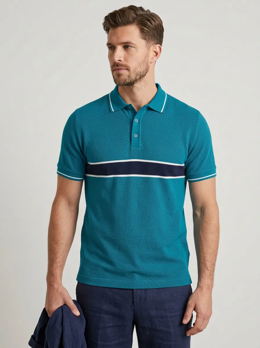 Men's Casual Grey Navy Striped Contrast Printed Polo Shirt