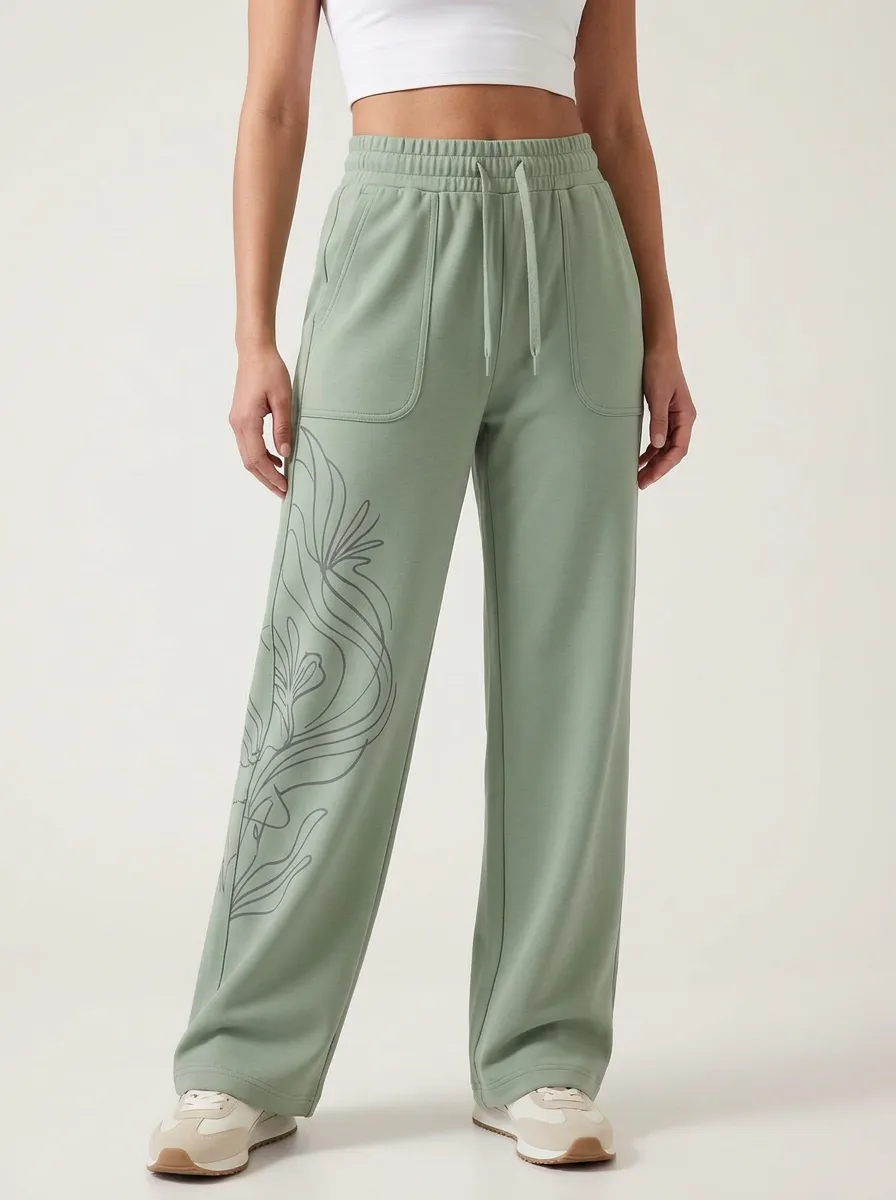 Women's Sage Green Floral Print Wide-Leg Sweatpants