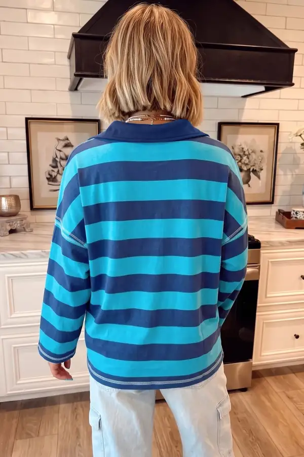 Striped Polo Collar Relaxed Bracelet Sleeve Top
