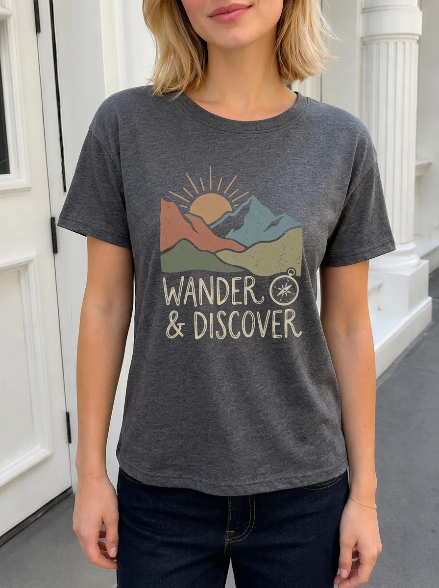 Women's Wander Discover Mountain Compass Printed T-shirt