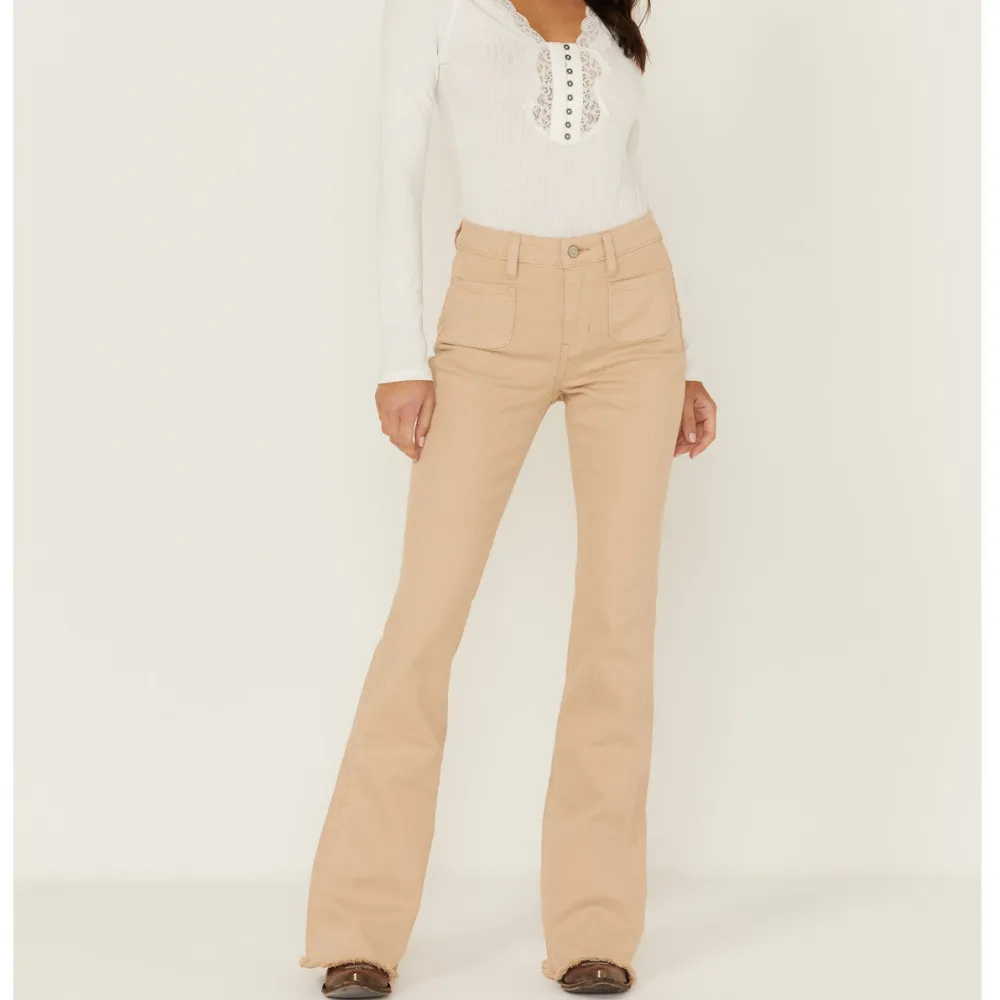 High Rise Flare Frayed Hem Patch Detail Jeans