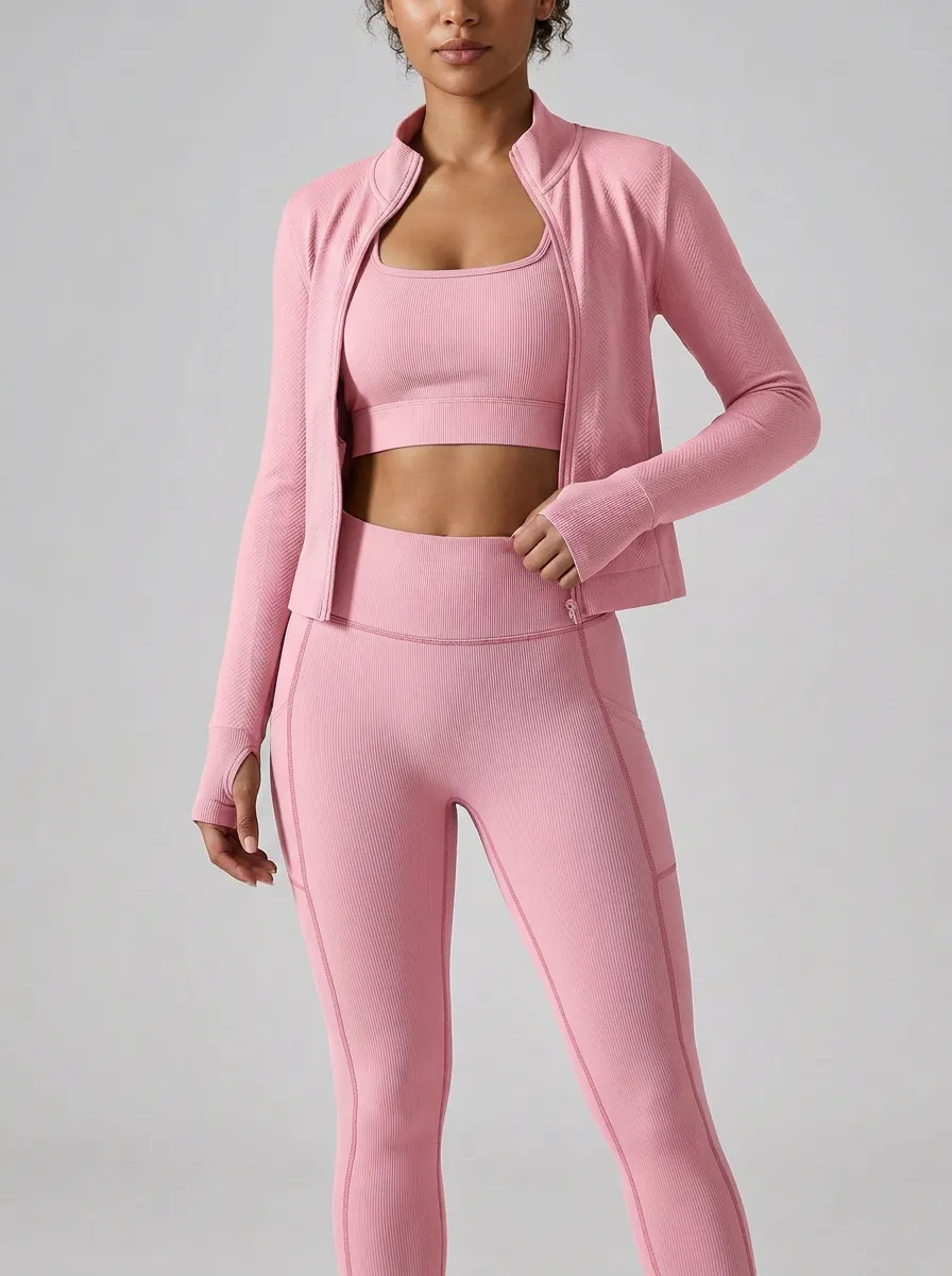 Streetwear Ribbed Texture Detail Women's Three Piece Activewear Set