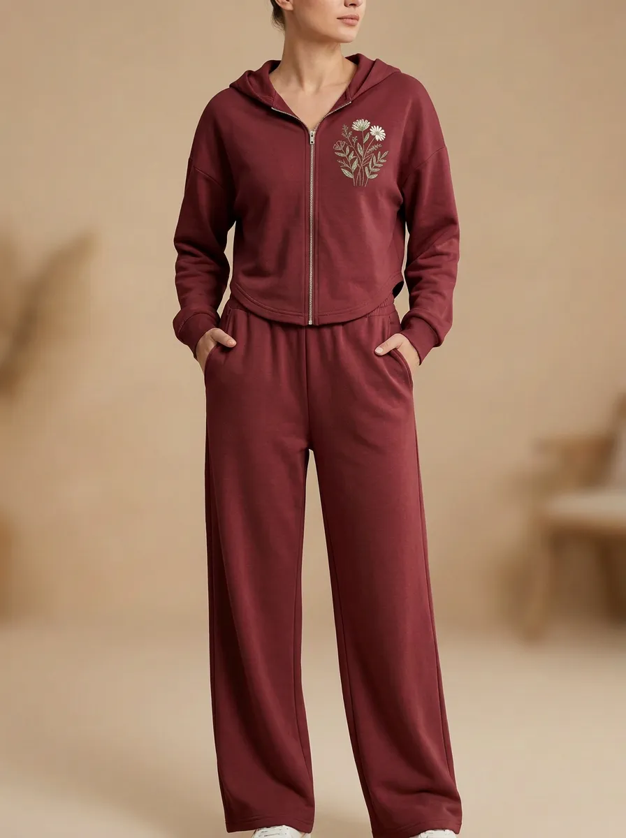 Women's Floral Embroidered Cropped Zip-Up Hoodie And Wide-Leg Trouser Lounge Set