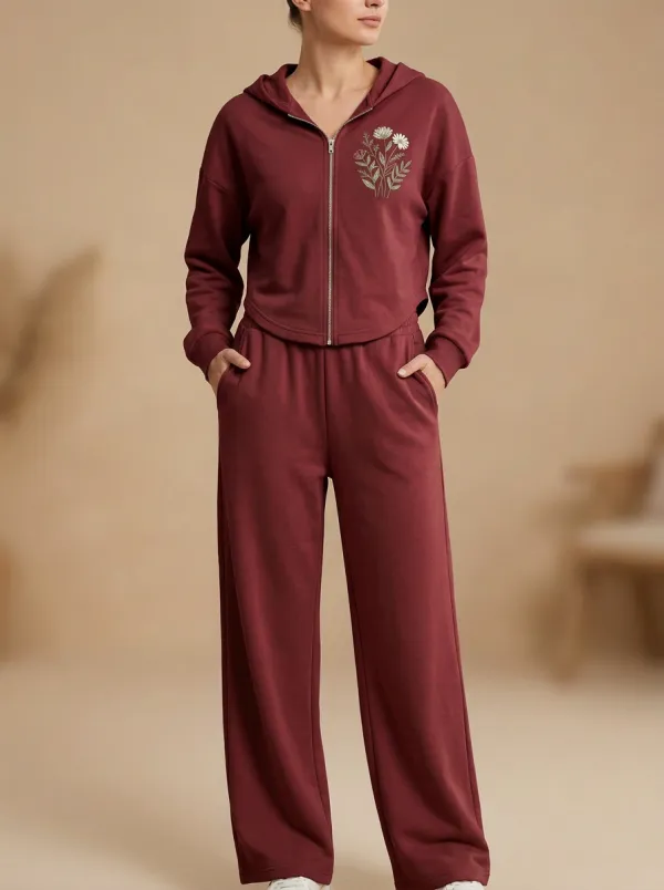 Women's Floral Embroidered Cropped Zip-Up Hoodie And Wide-Leg Trouser Lounge Set