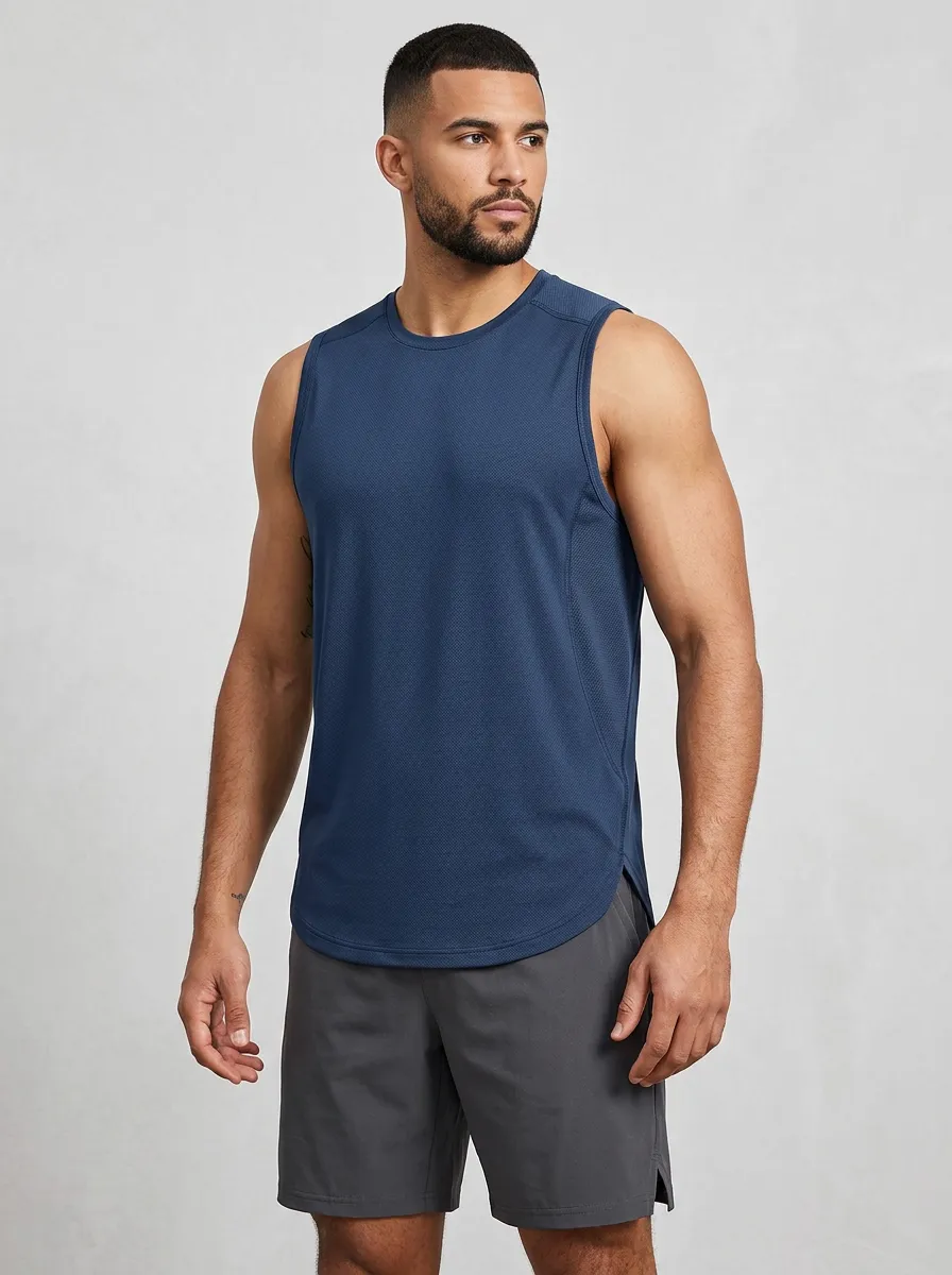 Men's Fitness Gym Workout Navy Blue Quick-Dry Printed Tank Top