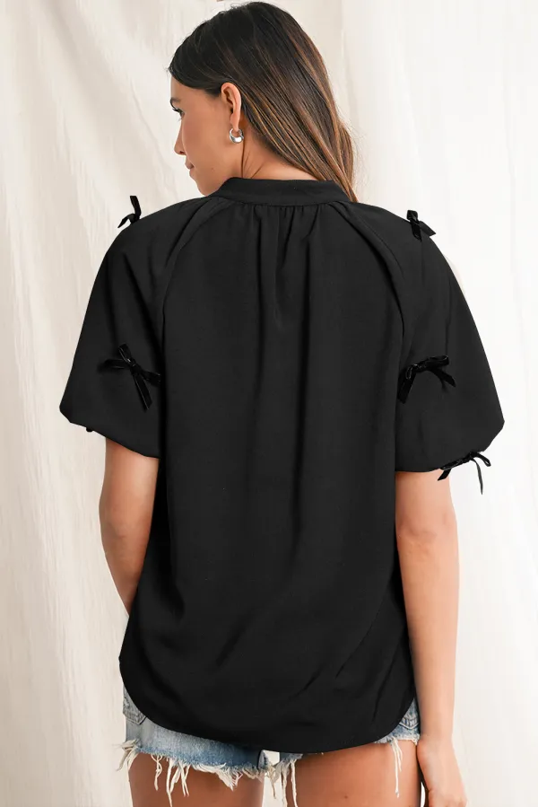 Bow Detail Puff Sleeve Split Neck Blouse