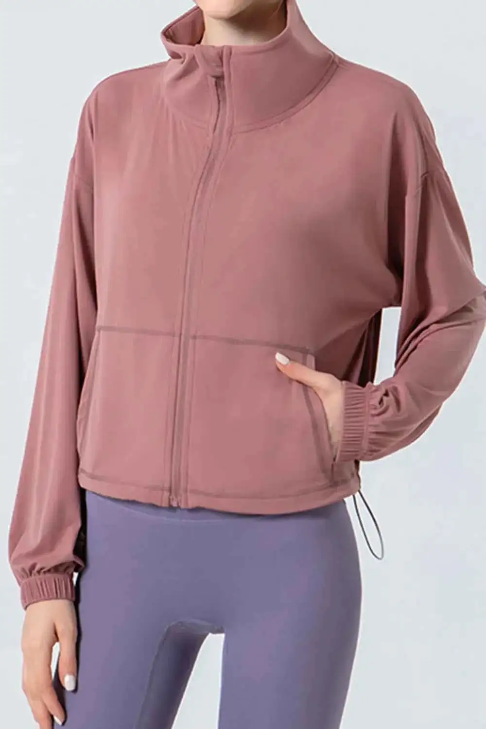 Drawstring Zip-Up Dropped Shoulder Active Outerwear