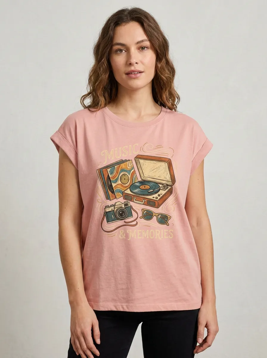 Women's Music Retro Record Player Camera Graphic T-Shirt