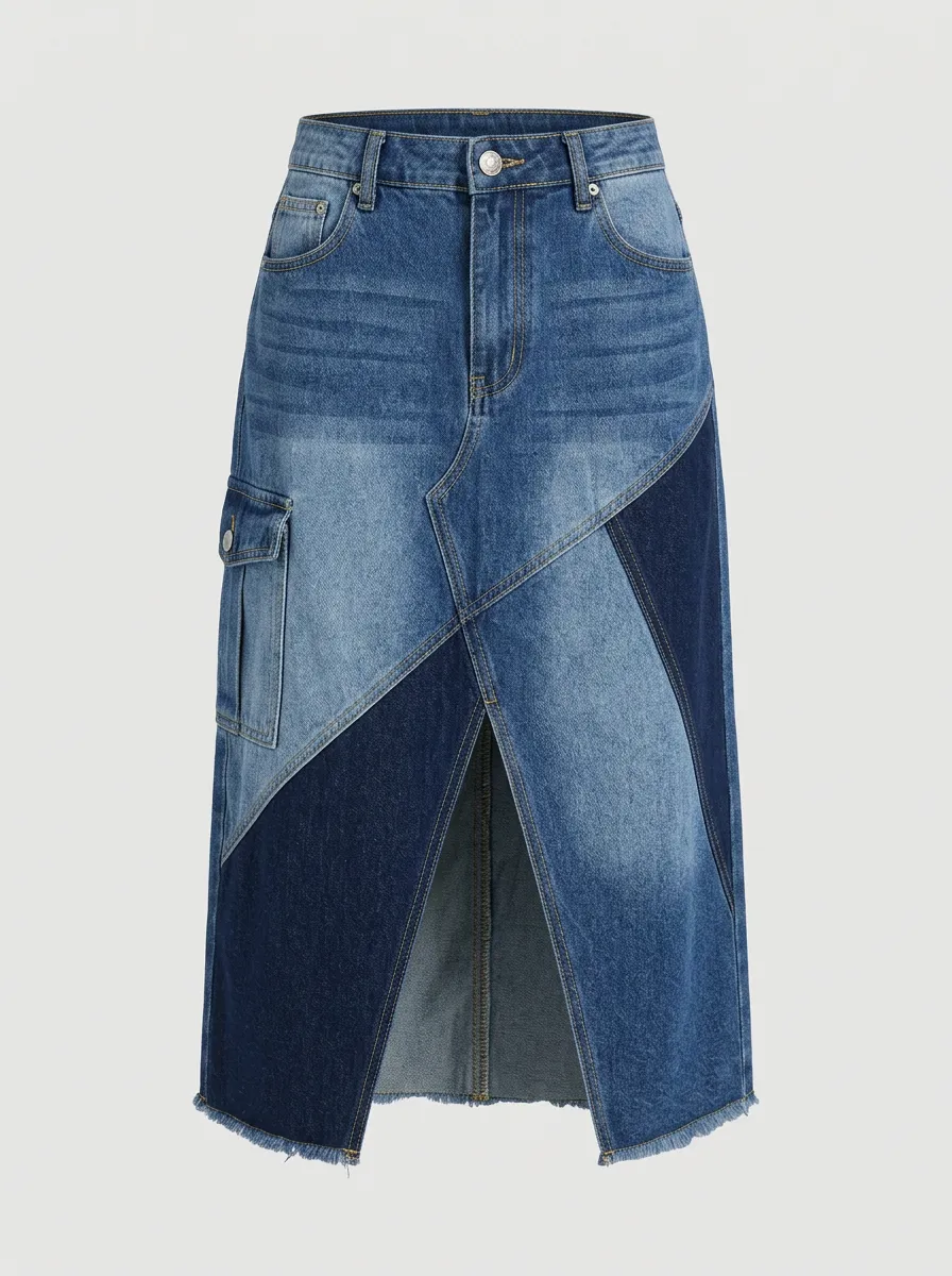 Women's Casual Streetwear Patchwork Denim Cargo Midi Skirt