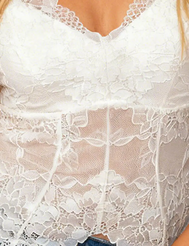Romantic Sheer Lace V Neck Spaghetti Strap Cami Top