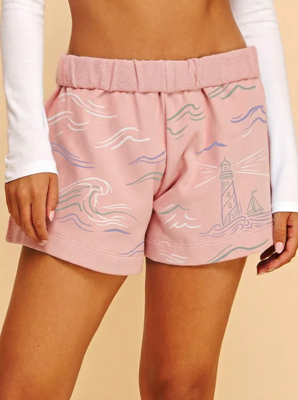 Women's Nautical Coastal Lighthouse Waves Graphic Shorts