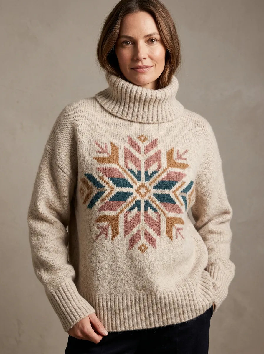 Women's Winter Holiday Snowflake Printed Turtleneck Sweater