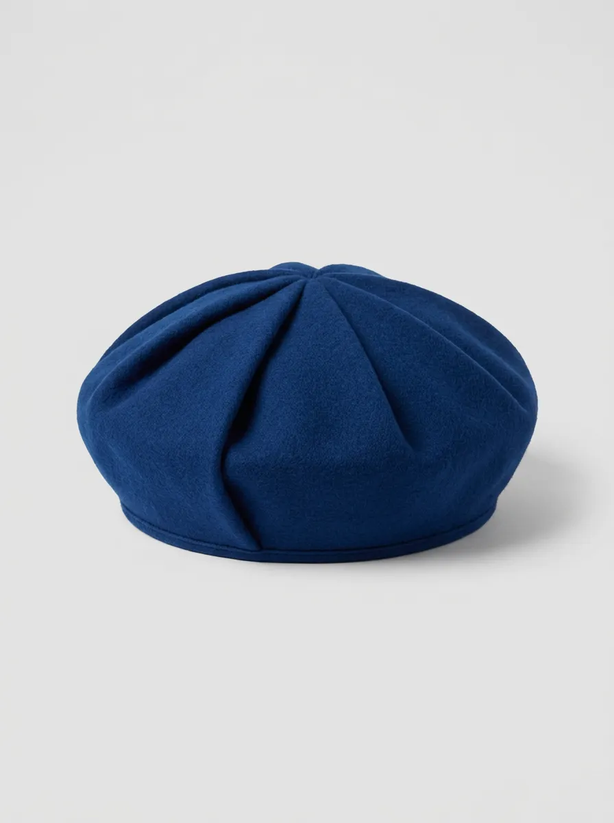 Unisex Navy Blue Pleated Wool-Blend Beret