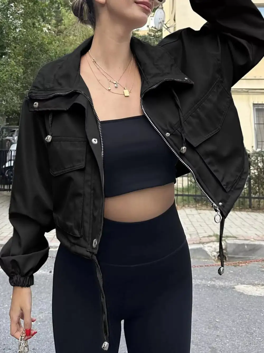 Drawstring Hem Zip Up Jacket