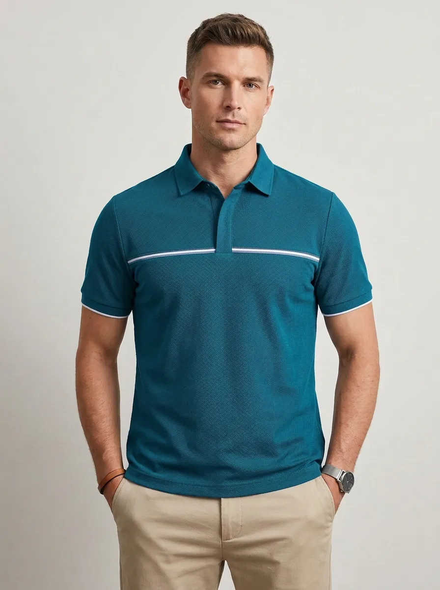 Men's Casual Grey Striped Detail Printed Polo Shirt