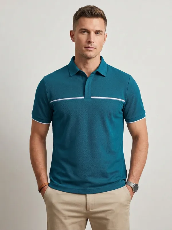 Men's Casual Grey Striped Detail Printed Polo Shirt