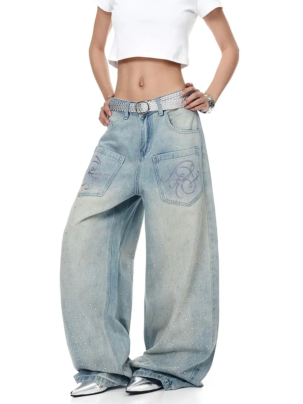 Wide-Leg Washed Jeans