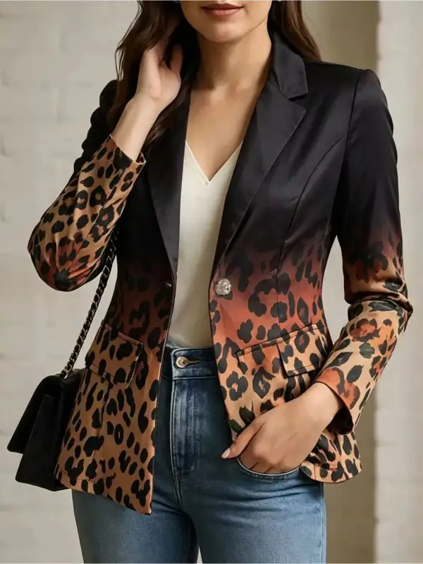 Long-Sleeve Contrast Leopard-Print Blazer
