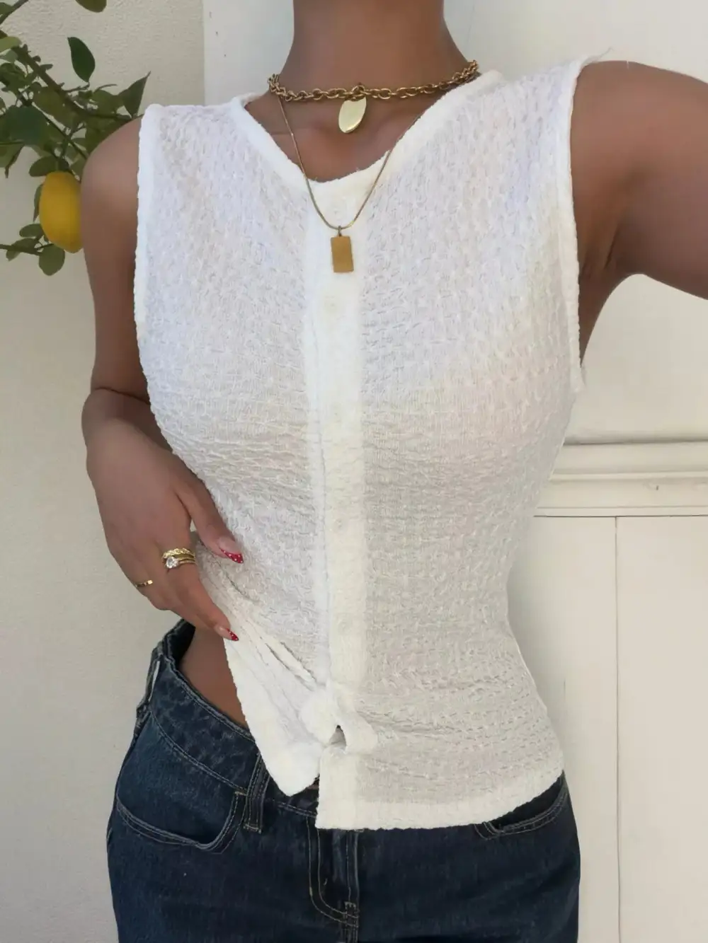 Buttoned Knit Textured Tank Top