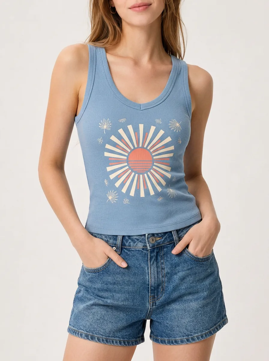 Women's Summer Beach Lover Sun Palm Leaf Printed Tank Top