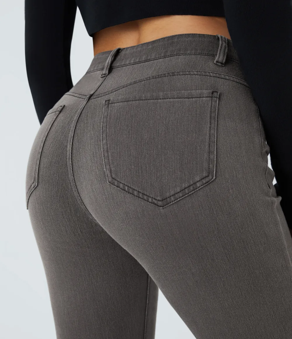 Magic Mid Rise Button Pockets Stretchy Knit Casual Bootcut Jeans