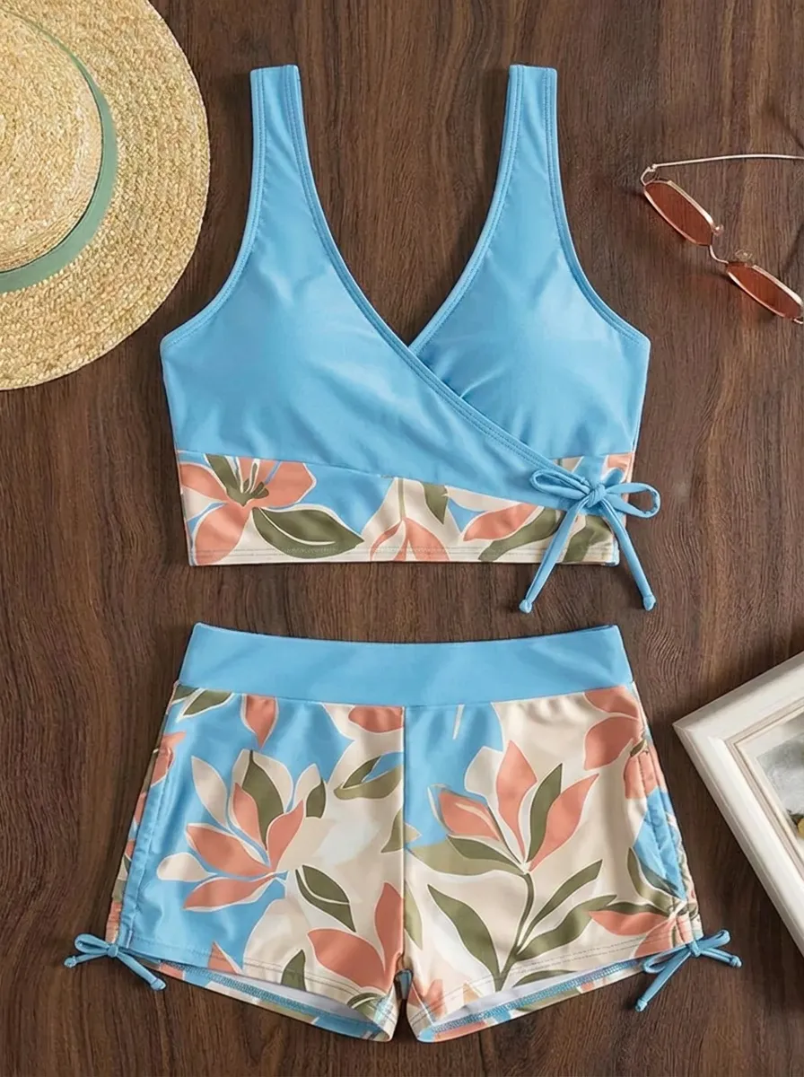 Women's Tropical Floral Wrap Printed Bikini Set