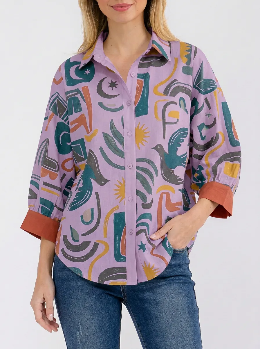 Women's Abstract Art Bird Sun Moon Printed Button-up Shirt