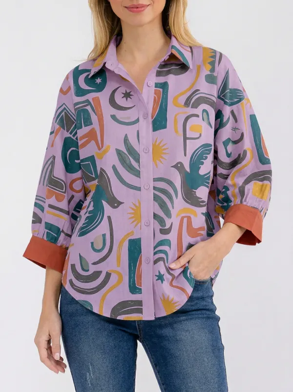 Women's Abstract Art Bird Sun Moon Printed Button-up Shirt