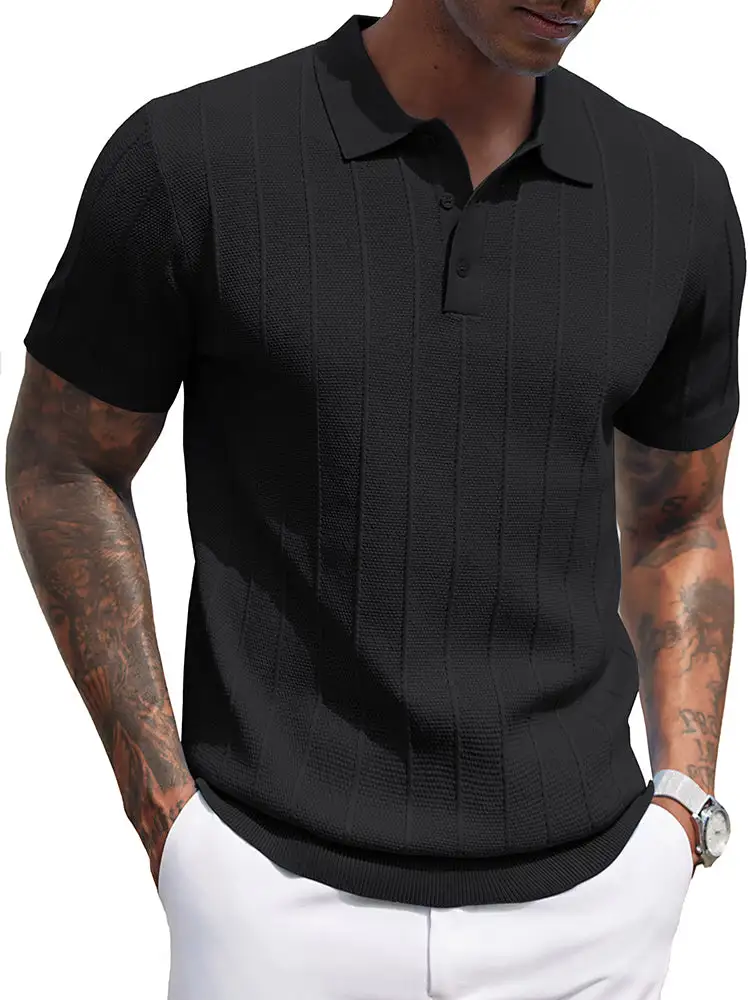 Ribbed Textured Knit Polo Shirt