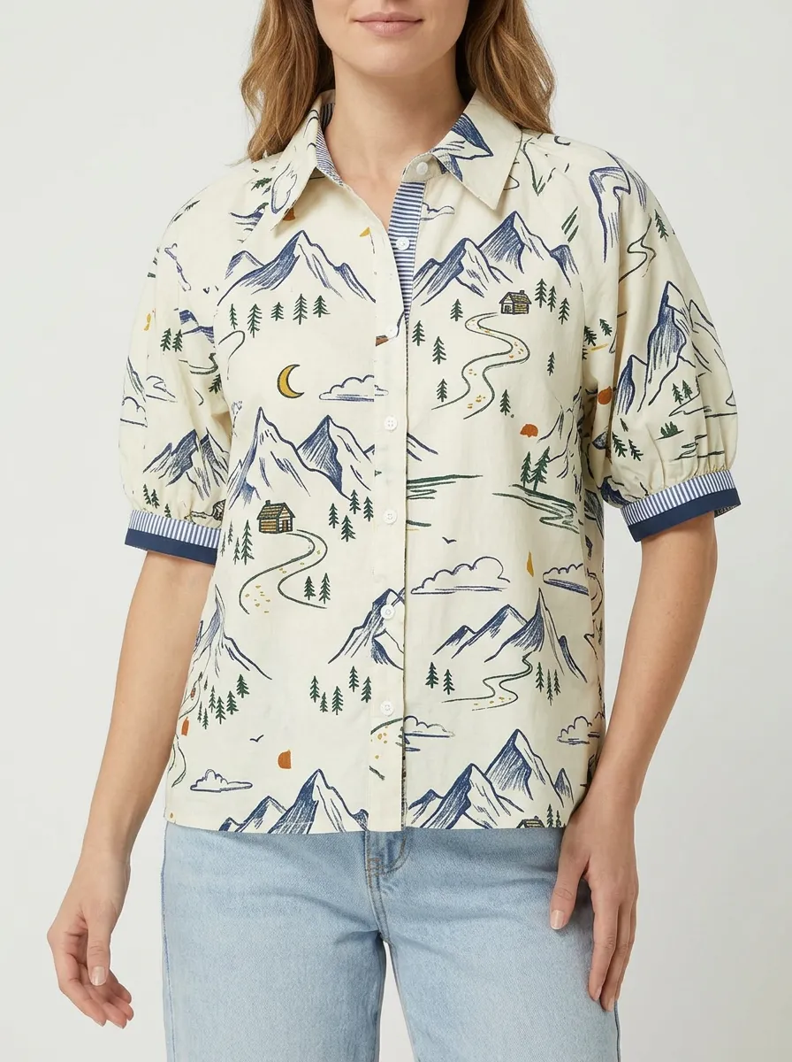 Women's Nature Lover Mountain Cabin Printed Button-up Shirt