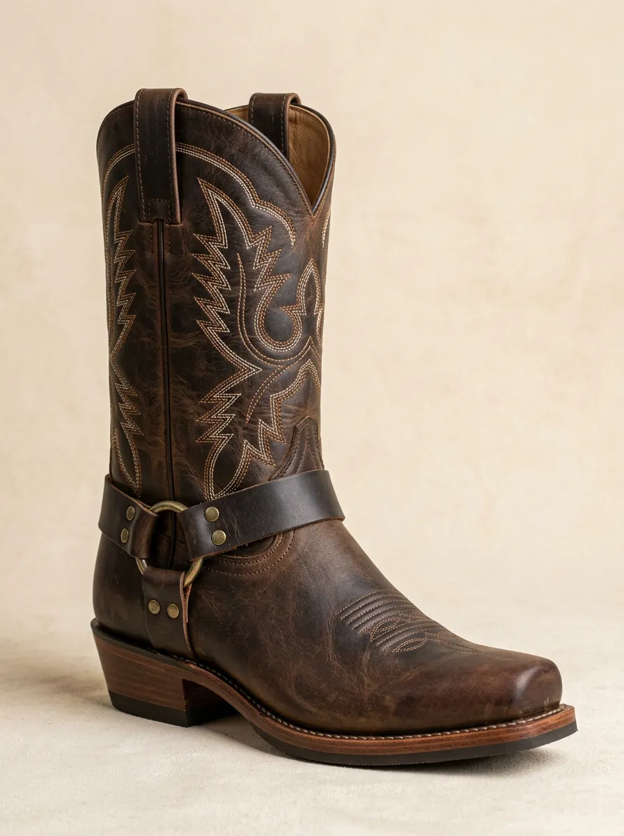 Men's Frontier Western Brown Leather Embroidered Harness Boots
