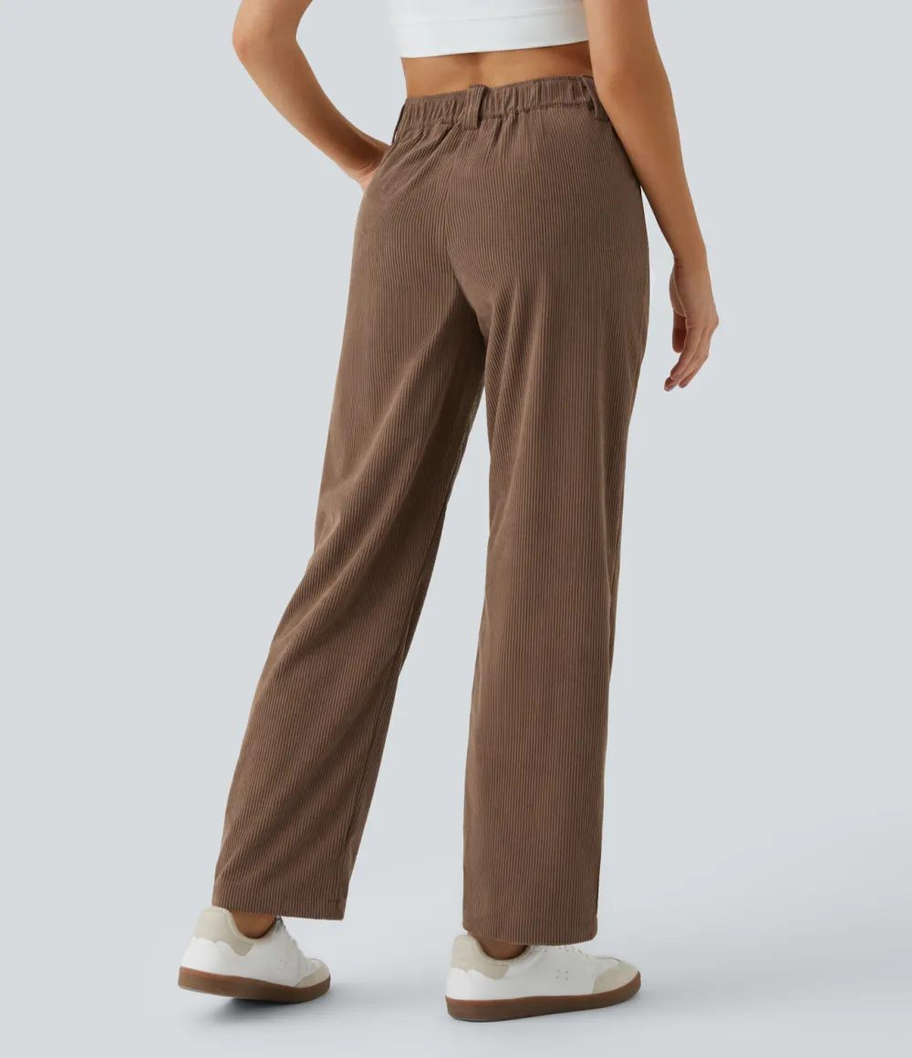Mid Rise Button Zipper Side Pocket Corduroy Casual Pants