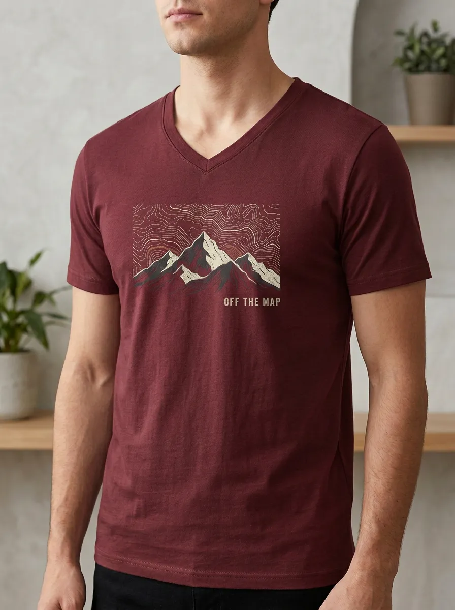 Men's Hiking Adventure Off The Map Mountain Topographic Printed V-neck T-shirt