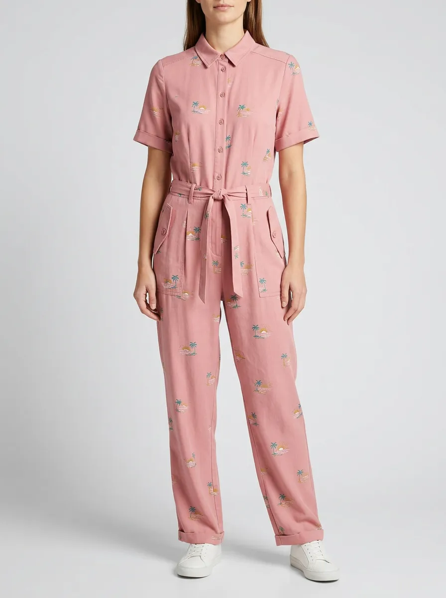 Women's Graphic Short-Sleeve Tie-Waist Jumpsuit
