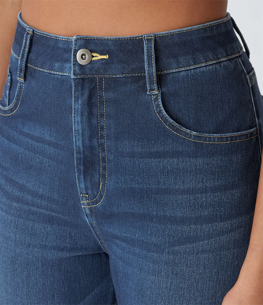Magic High Waisted Multiple Pockets Rolled Hem Wide Leg Washed Stretchy Knit Casual Jeans