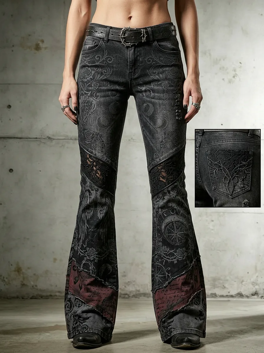 Dark Rose Moon Compass Dark Look Women's Gothic Flare Pants