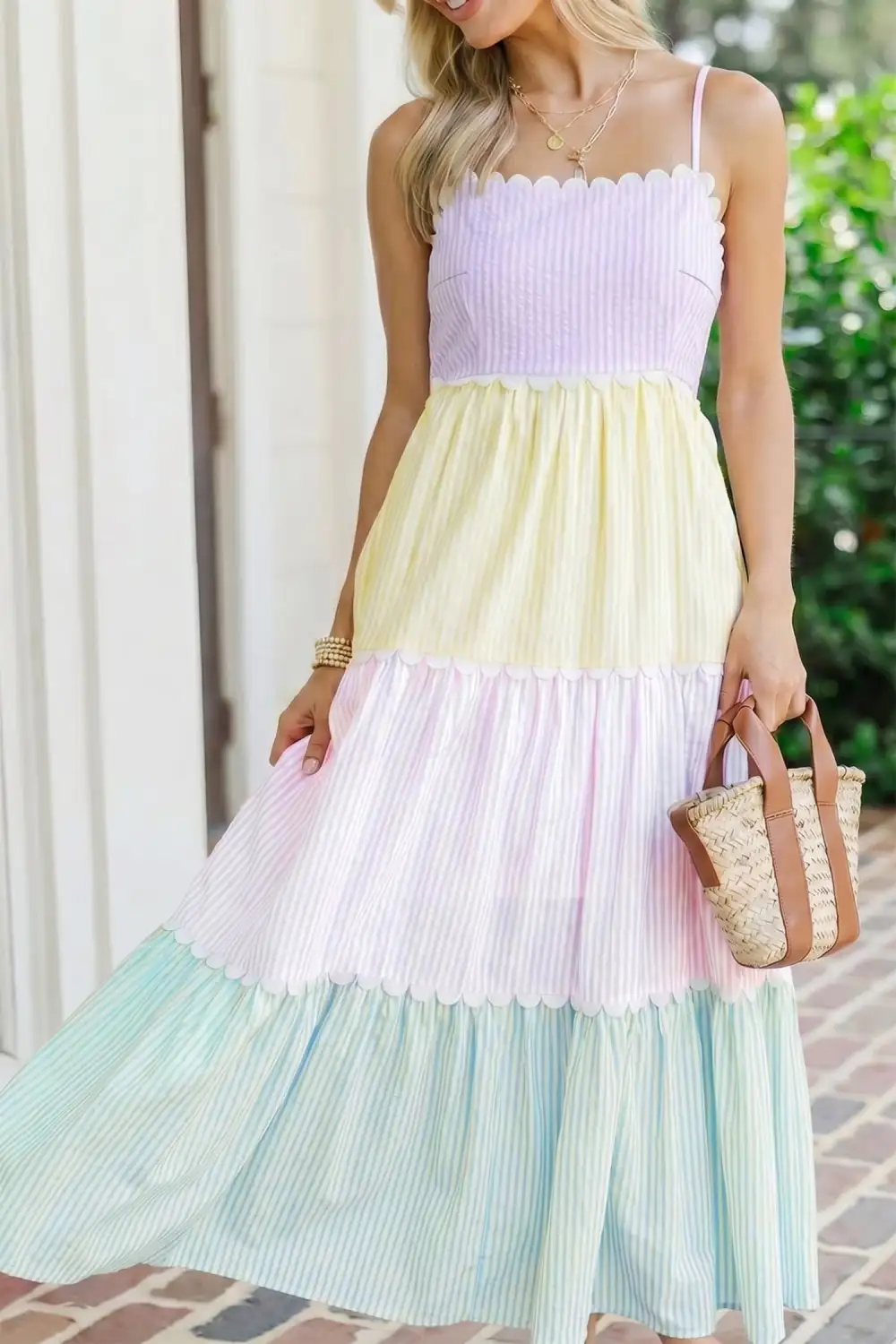 Classic Striped Color Block Adjustable Strap Scalloped Detail Long Dress