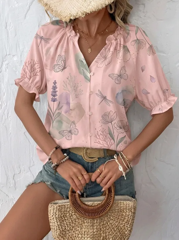 Women's Nature Lover Butterfly Dragonfly Floral Printed Blouse