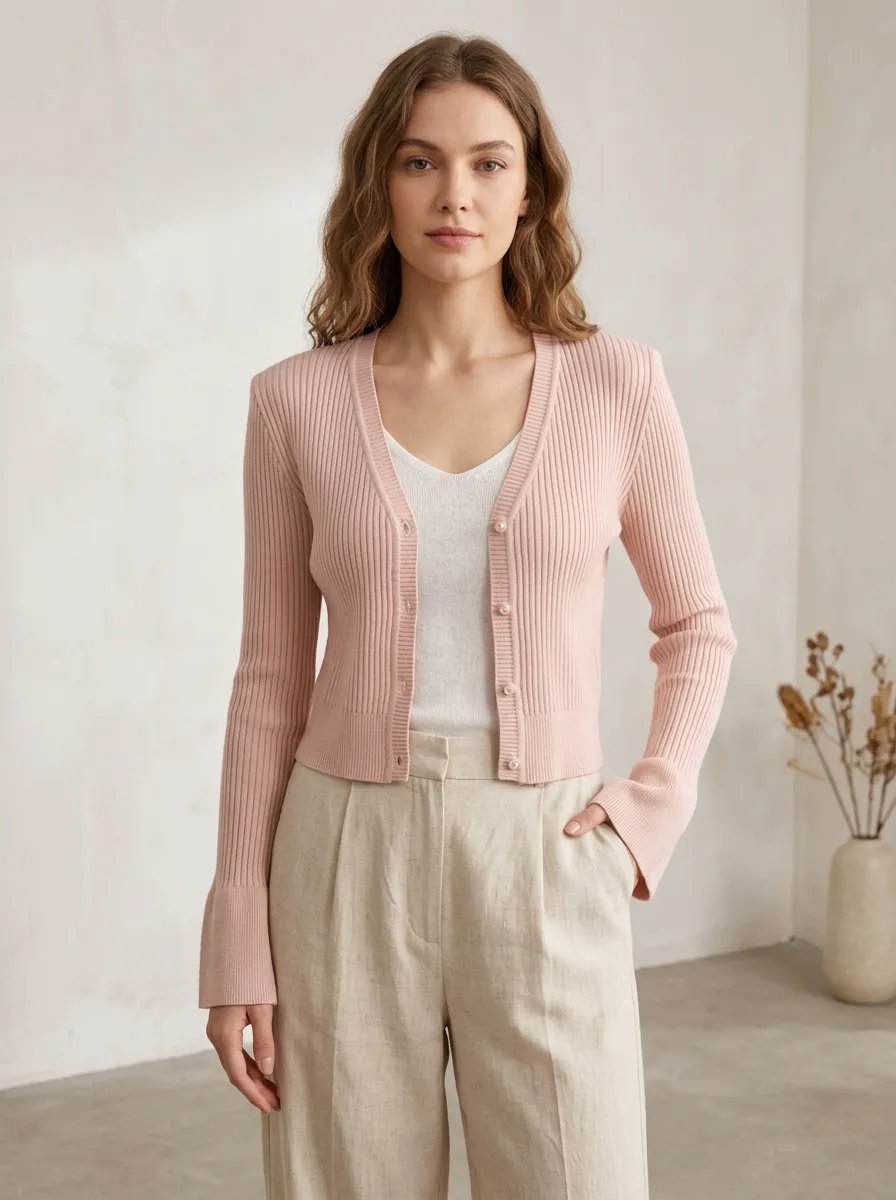 Women's Pale Ribbed Button-Down Cardigan Button-Front