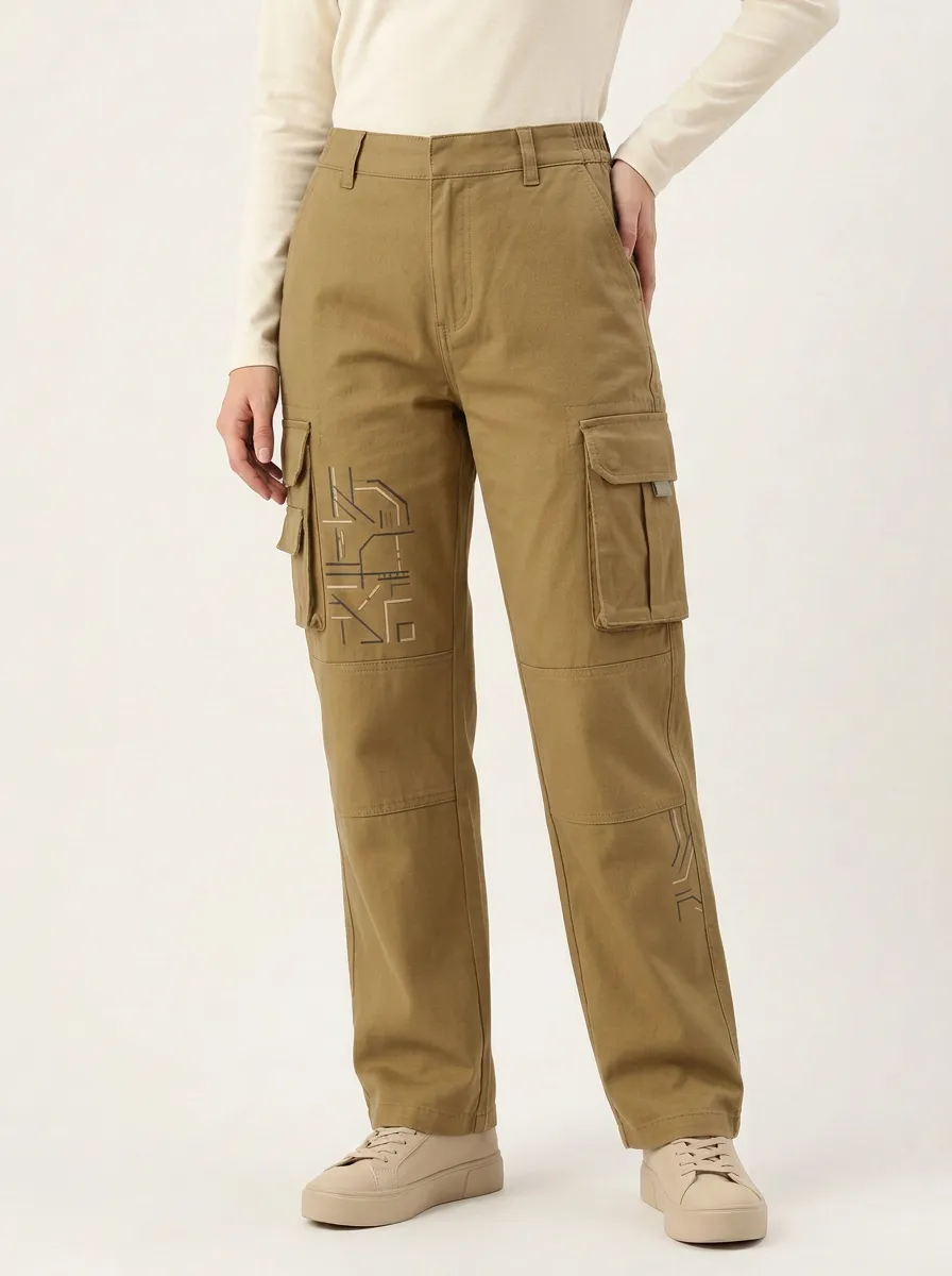 Women's Olive Green Cyberpunk Aesthetic Geometric Line Cargo Pants