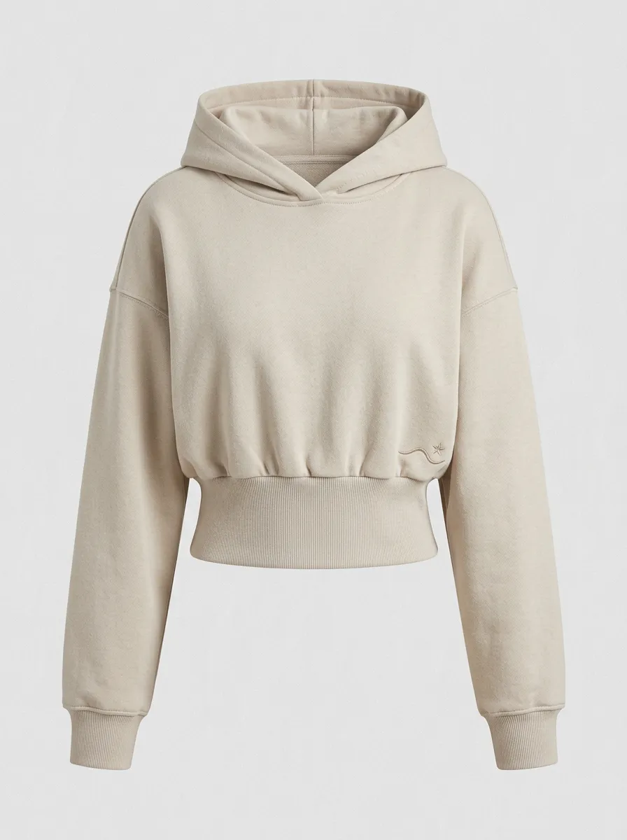 Women's Minimalist Beige Star Wave Embroidered Cropped Hoodie