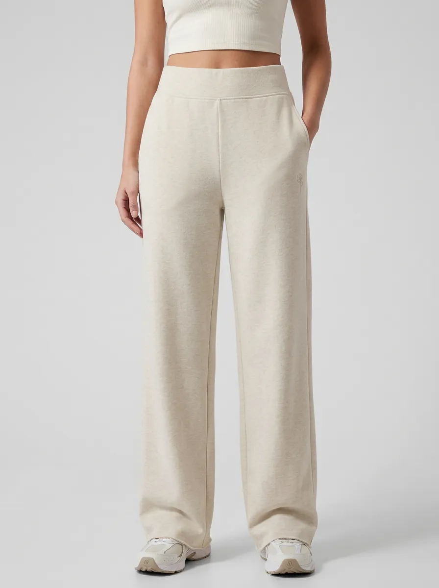 Women's Minimalist Rose Embroidered Beige Printed Sweatpants