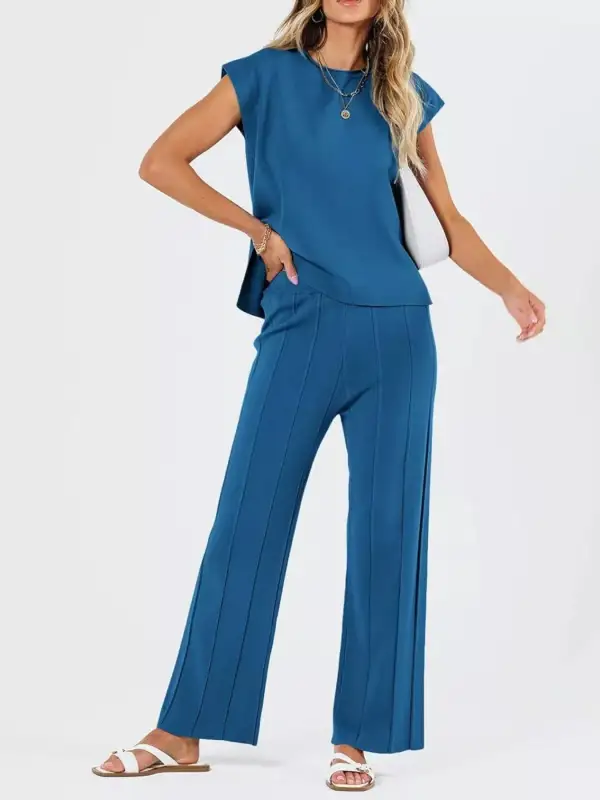 Relaxed Casual Solid Cap Sleeve Top and Pants Knit Set