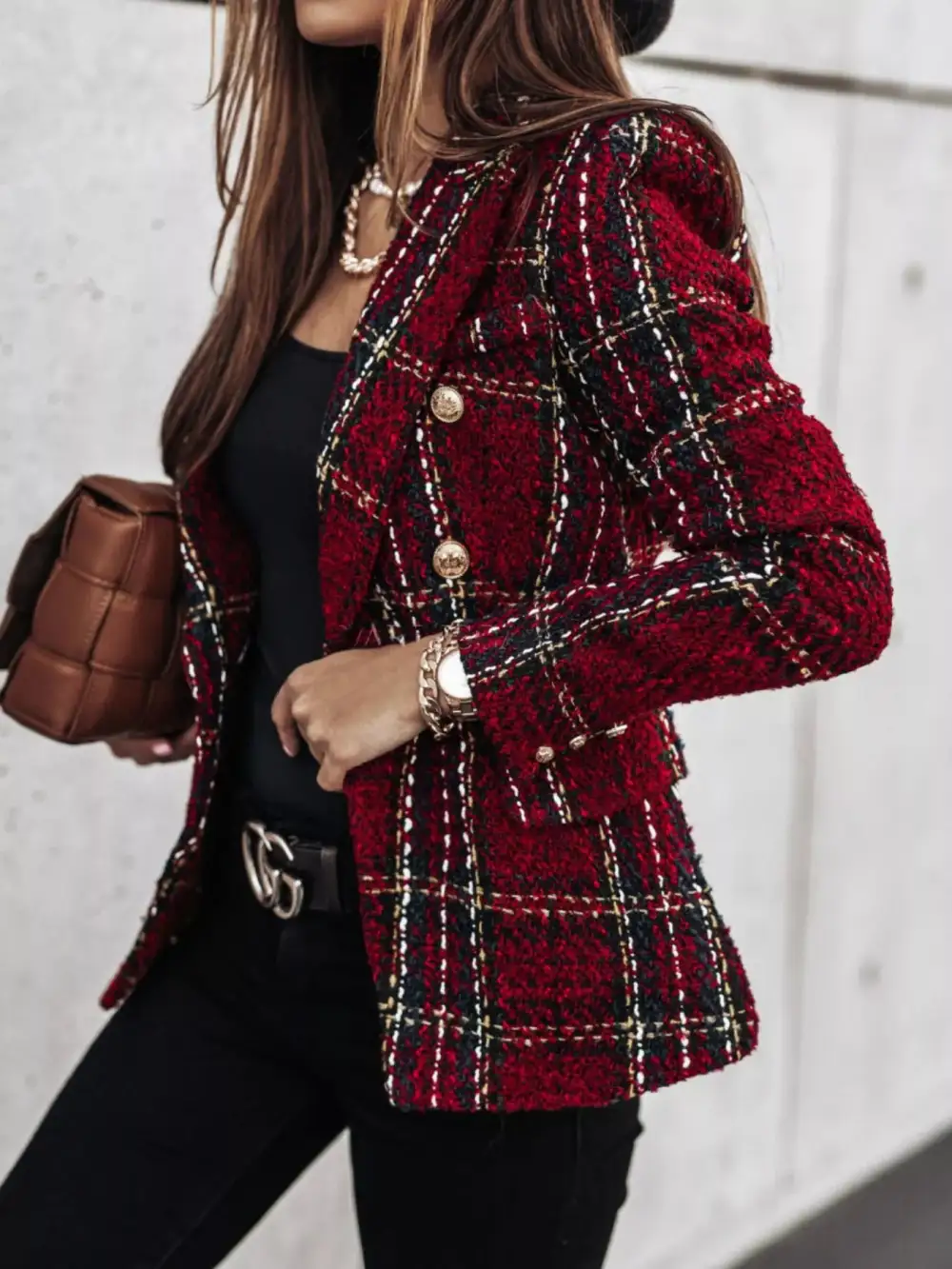 Double-Breasted Plaid Tweed Blazer