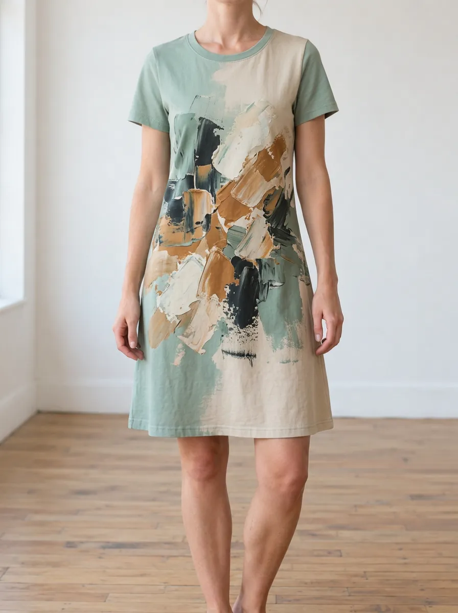 Women's Abstract Art Lover Sage Green Beige Painted Printed Dress