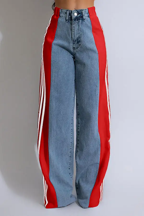 Colorblock Patchwork Washed Wide-Leg Jeans