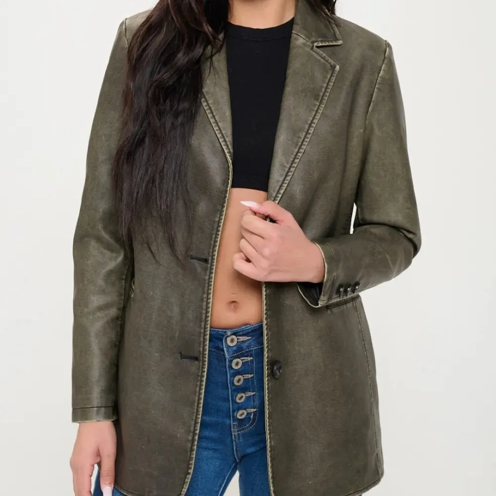 Single Breasted Leather Look Tailored Blazer