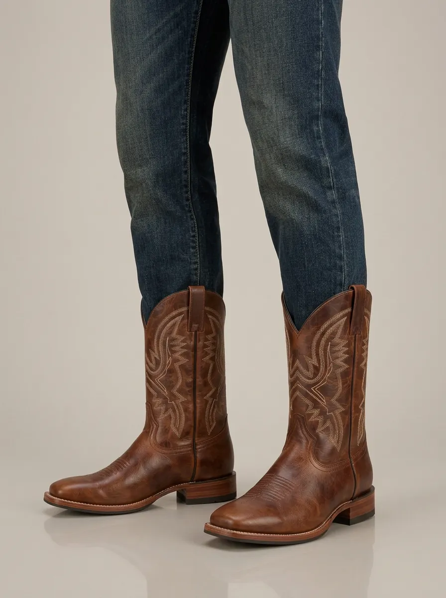 Men's Classic Western Brown Leather Stitched Pattern Boots
