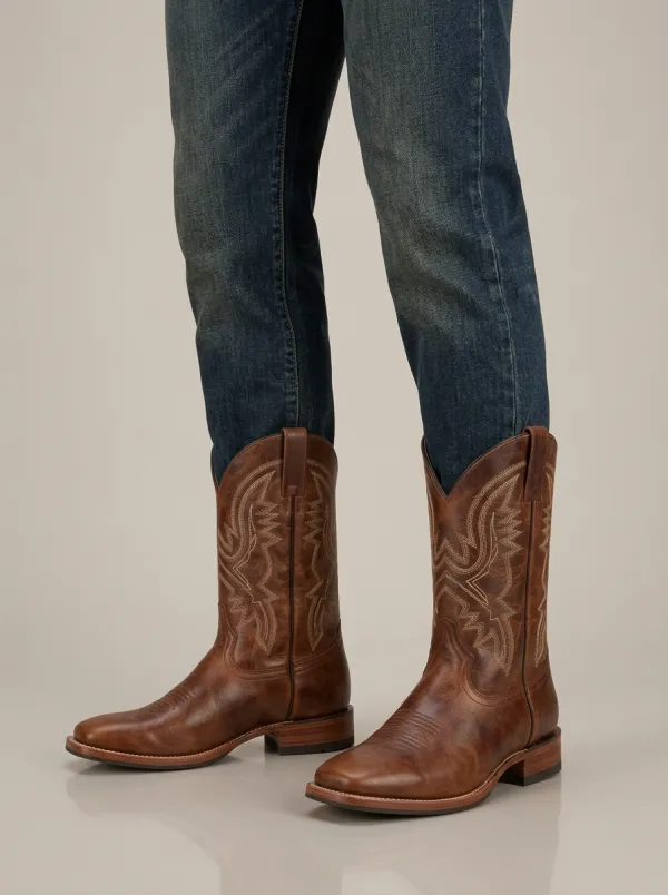 Men's Classic Western Brown Leather Stitched Pattern Boots